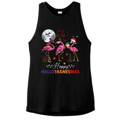 Flamingo Happy HalloThanksmas Funny Halloween Thanksgiving Ladies PosiCharge Tri-Blend Wicking Tank