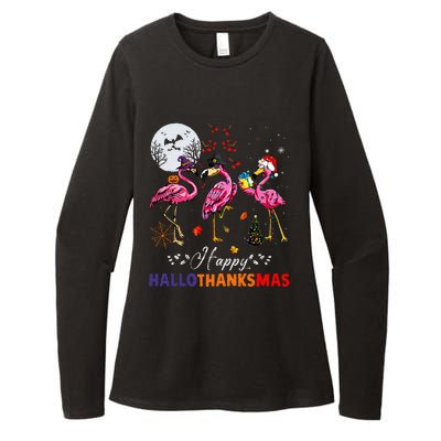 Flamingo Happy HalloThanksmas Funny Halloween Thanksgiving Womens CVC Long Sleeve Shirt