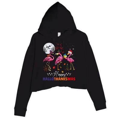 Flamingo Happy HalloThanksmas Funny Halloween Thanksgiving Crop Fleece Hoodie