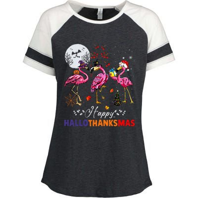 Flamingo Happy HalloThanksmas Funny Halloween Thanksgiving Enza Ladies Jersey Colorblock Tee