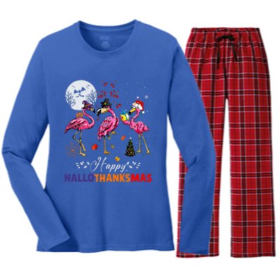 Flamingo Happy HalloThanksmas Funny Halloween Thanksgiving Women's Long Sleeve Flannel Pajama Set 