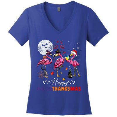 Flamingo Happy HalloThanksmas Funny Halloween Thanksgiving Women's V-Neck T-Shirt