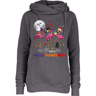 Flamingo Happy HalloThanksmas Funny Halloween Thanksgiving Womens Funnel Neck Pullover Hood