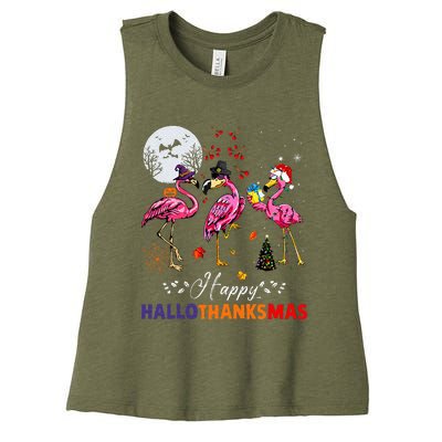 Flamingo Happy HalloThanksmas Funny Halloween Thanksgiving Women's Racerback Cropped Tank