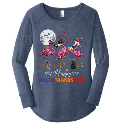 Flamingo Happy HalloThanksmas Funny Halloween Thanksgiving Women's Perfect Tri Tunic Long Sleeve Shirt