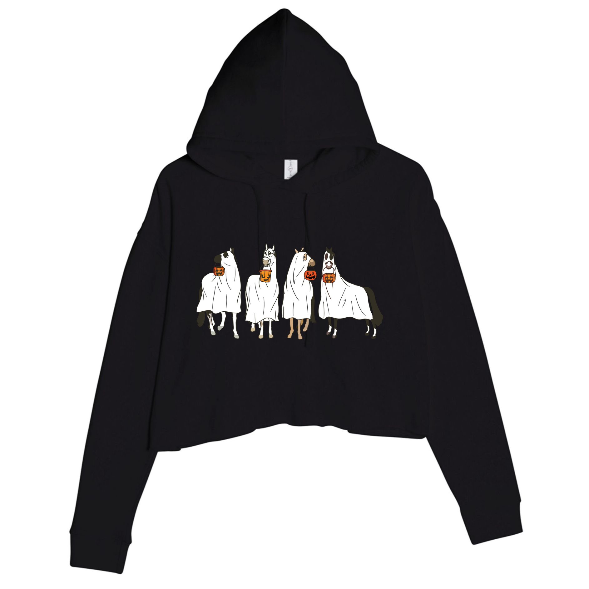 Funny Halloween Horse Ghost Pumpkin Face Ghost Spooky Season Crop Fleece Hoodie