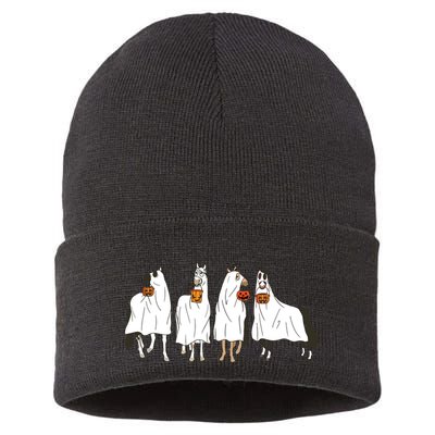 Funny Halloween Horse Ghost Pumpkin Face Ghost Spooky Season Sustainable Knit Beanie