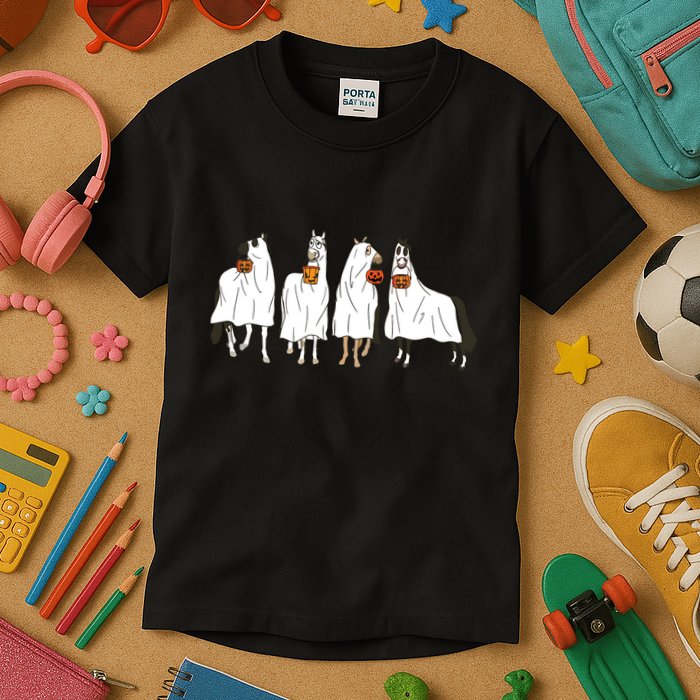 Funny Halloween Horse Ghost Pumpkin Face Ghost Spooky Season Kids T-Shirt