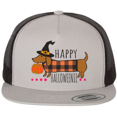 Funny Happy Halloweenie Dachshund Halloween Buffalo Plaid Gift Flat Bill Trucker Hat