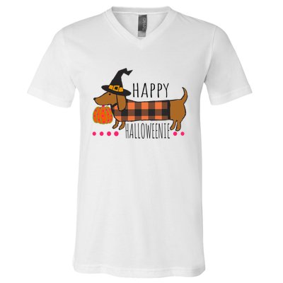 Funny Happy Halloweenie Dachshund Halloween Buffalo Plaid Gift V-Neck T-Shirt