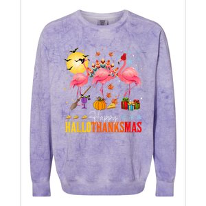 Flamingo Happy Hallothanksmas Halloween Thanksgiving Colorblast Crewneck Sweatshirt