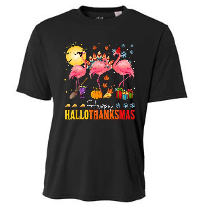 Flamingo Happy Hallothanksmas Halloween Thanksgiving Cooling Performance Crew T-Shirt