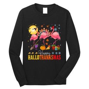 Flamingo Happy Hallothanksmas Halloween Thanksgiving Long Sleeve Shirt