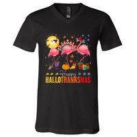 Flamingo Happy Hallothanksmas Halloween Thanksgiving V-Neck T-Shirt