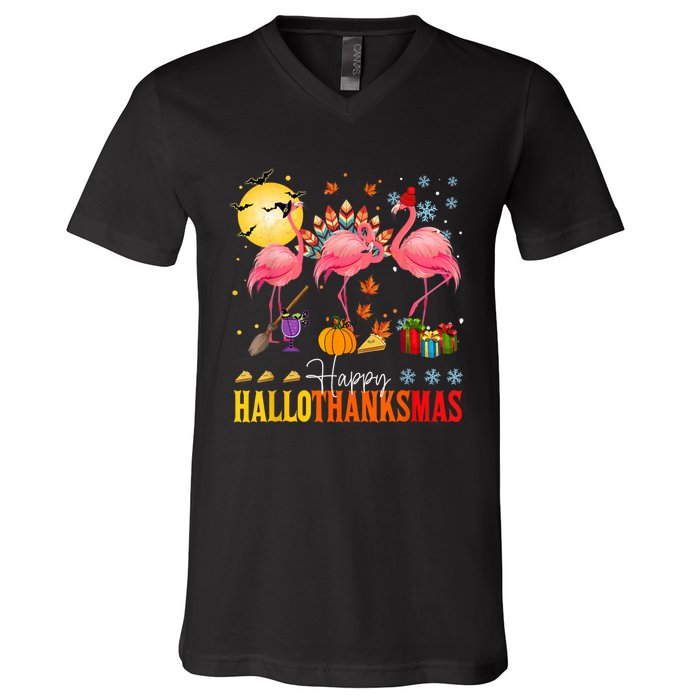 Flamingo Happy Hallothanksmas Halloween Thanksgiving V-Neck T-Shirt