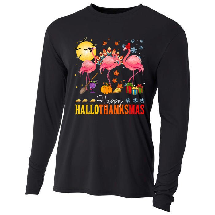 Flamingo Happy Hallothanksmas Halloween Thanksgiving Cooling Performance Long Sleeve Crew