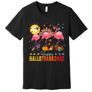 Flamingo Happy Hallothanksmas Halloween Thanksgiving Premium T-Shirt