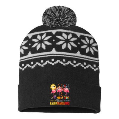 Flamingo Happy Hallothanksmas Halloween Thanksgiving USA-Made Snowflake Beanie