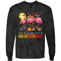 Flamingo Happy Hallothanksmas Halloween Thanksgiving Tie-Dye Long Sleeve Shirt