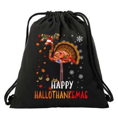 Flamingo Happy Hallothanksmas Funny Halloween Thanksgiving Drawstring Bag