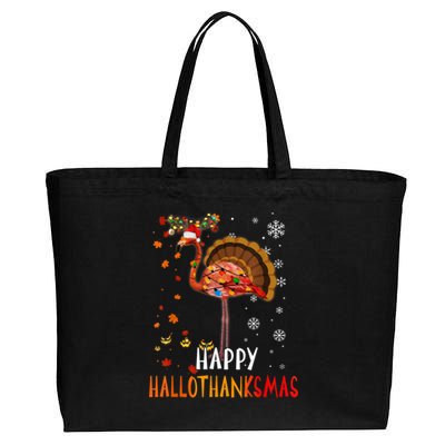 Flamingo Happy Hallothanksmas Funny Halloween Thanksgiving Cotton Canvas Jumbo Tote