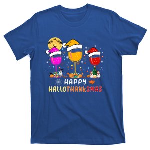 Funny Happy Hallothanksmas Wine Glasses Santa Hat Pumpkin Funny Gift T-Shirt