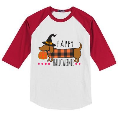 Funny Happy Halloweenie Dachshund Halloween Buffalo Plaid Gift Kids Colorblock Raglan Jersey