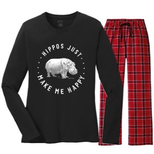 Funny Hippopotamus Hippo Lover Hippos Make Me Happy Women's Long Sleeve Flannel Pajama Set 