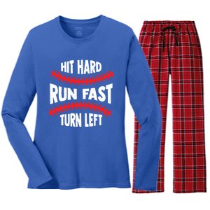 Funny Hit Hard Run Fast Turn Left Baseball Player Gift Women's Long Sleeve Flannel Pajama Set 