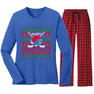 Funny Happy Hockeydays Ice Hockey Christmas Ugly Xmas Pajama Gift Women's Long Sleeve Flannel Pajama Set 