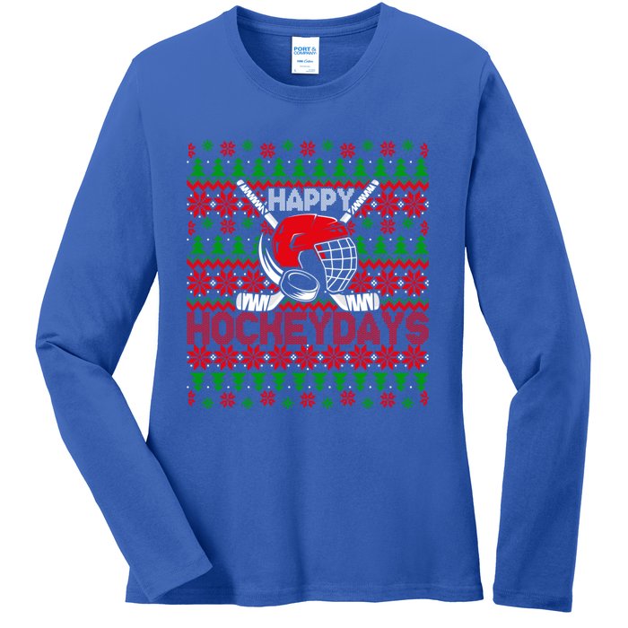 Funny Happy Hockeydays Ice Hockey Christmas Ugly Xmas Pajama Gift Ladies Long Sleeve Shirt