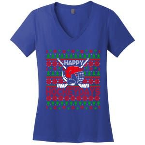 Funny Happy Hockeydays Ice Hockey Christmas Ugly Xmas Pajama Gift Women's V-Neck T-Shirt