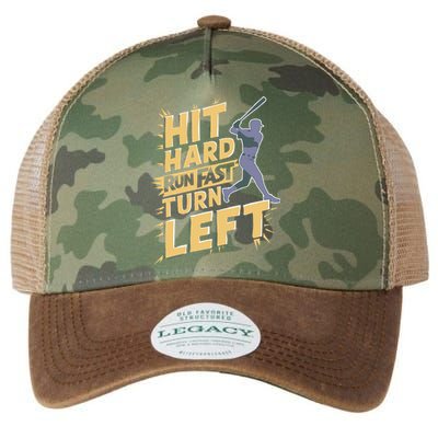 Funny Hit Hard Run Fast Turn Left Baseball Player Legacy Tie Dye Trucker Hat