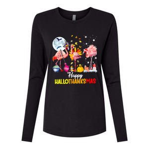 Flamingo Happy HalloThanksmas Funny Halloween Thanksgiving Womens Cotton Relaxed Long Sleeve T-Shirt