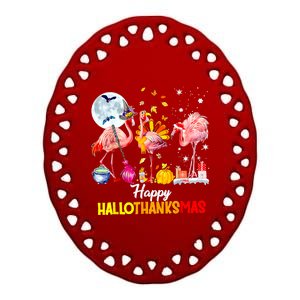 Flamingo Happy HalloThanksmas Funny Halloween Thanksgiving Ceramic Oval Ornament