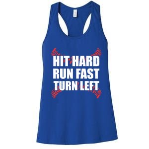 Fun Hit Hard Run Fast Turn Left I Baseball Humor Joke Great Gift Women's Racerback Tank