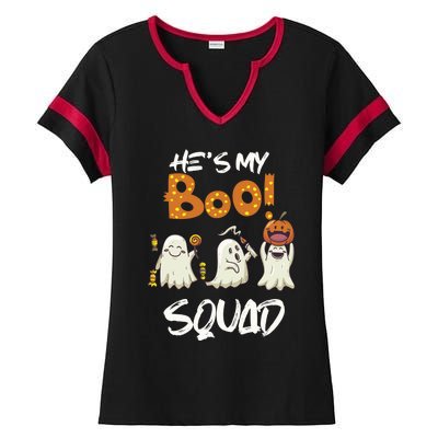 Funny Halloween He Is My Boo Squad Gift Ladies Halftime Notch Neck Tee