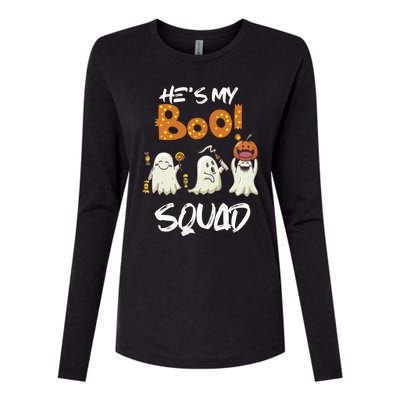 Funny Halloween He Is My Boo Squad Gift Womens Cotton Relaxed Long Sleeve T-Shirt