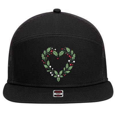 Festive Holly Heart Christmas Decoration 7 Panel Mesh Trucker Snapback Hat