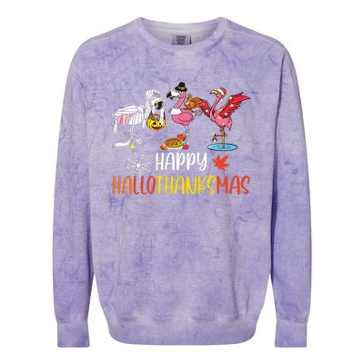 Flamingo Halloween Happy Hallothanksmas Thanksgiving Xmas Colorblast Crewneck Sweatshirt