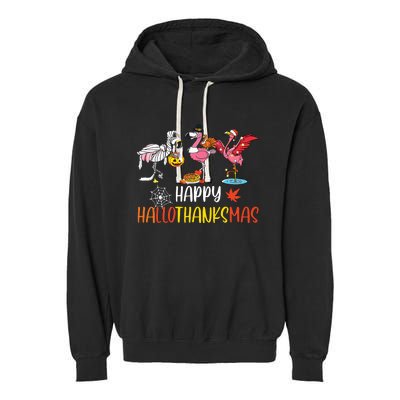 Flamingo Halloween Happy Hallothanksmas Thanksgiving Xmas Garment-Dyed Fleece Hoodie