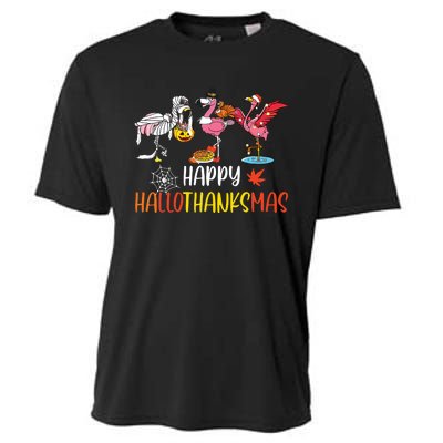 Flamingo Halloween Happy Hallothanksmas Thanksgiving Xmas Cooling Performance Crew T-Shirt