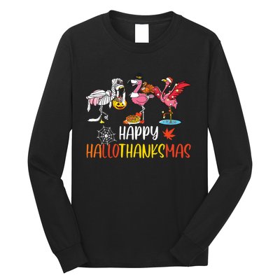 Flamingo Halloween Happy Hallothanksmas Thanksgiving Xmas Long Sleeve Shirt