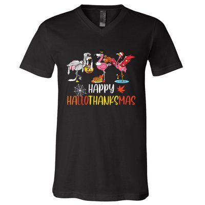 Flamingo Halloween Happy Hallothanksmas Thanksgiving Xmas V-Neck T-Shirt