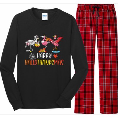 Flamingo Halloween Happy Hallothanksmas Thanksgiving Xmas Long Sleeve Pajama Set