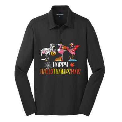 Flamingo Halloween Happy Hallothanksmas Thanksgiving Xmas Silk Touch Performance Long Sleeve Polo