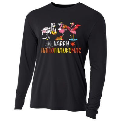 Flamingo Halloween Happy Hallothanksmas Thanksgiving Xmas Cooling Performance Long Sleeve Crew