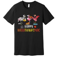 Flamingo Halloween Happy Hallothanksmas Thanksgiving Xmas Premium T-Shirt