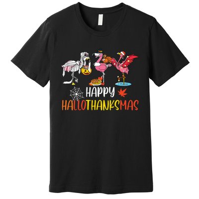 Flamingo Halloween Happy Hallothanksmas Thanksgiving Xmas Premium T-Shirt