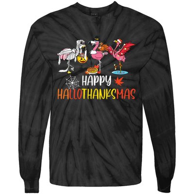 Flamingo Halloween Happy Hallothanksmas Thanksgiving Xmas Tie-Dye Long Sleeve Shirt